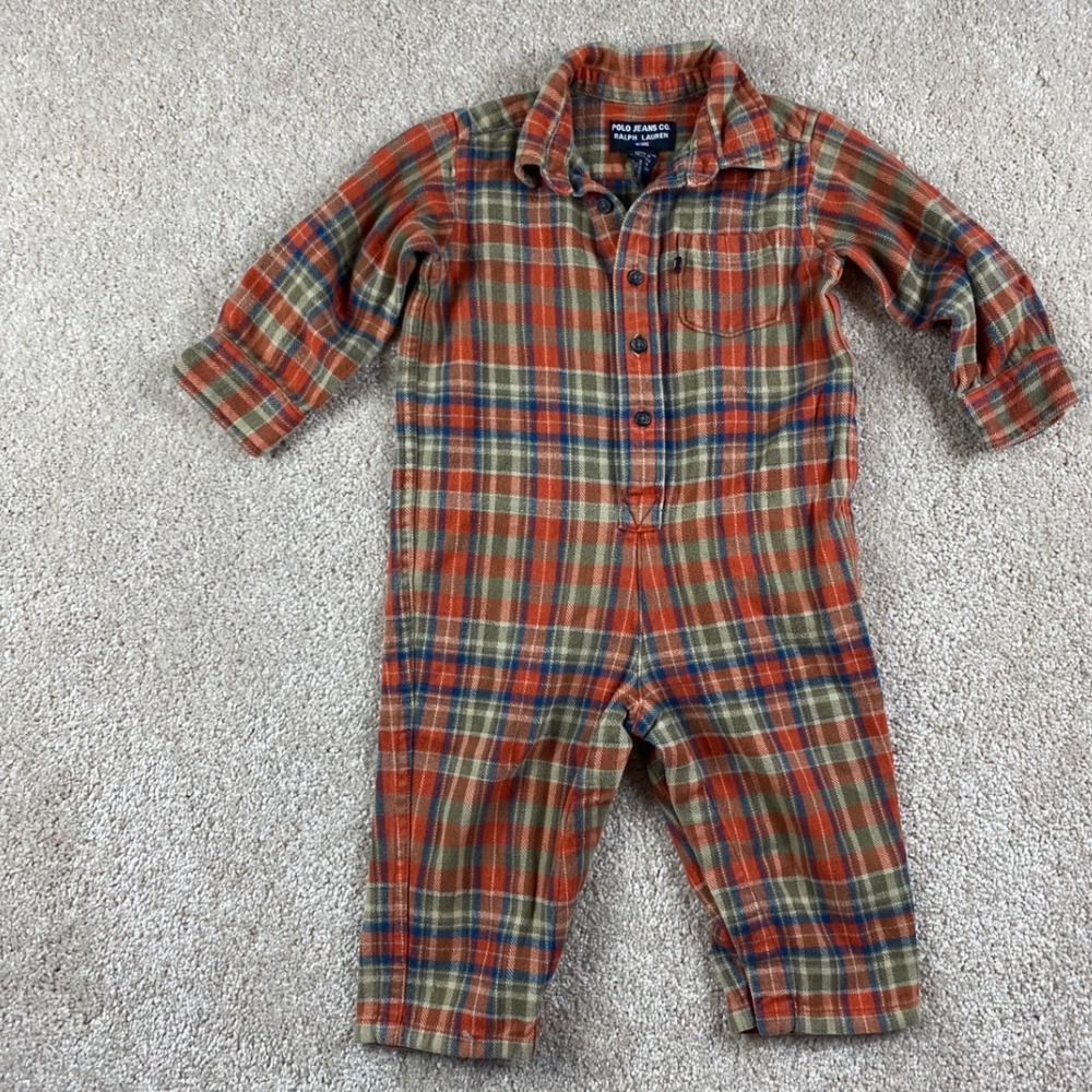Polo Jeans Ralph Lauren Kids Plaid Flannel Coverall Orange Green 12-18M